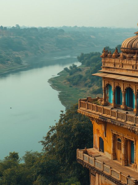 indian-city-buildings-scene A photo of the tower building on top of the indian Temple, overlooking the river with a clear sky, muted color, tranquil garden landscapes, blue and amber, red sandstone architecture, in India. cinematic --ar 3:2 --style raw --stylize 250 --v 6.1 Job ID: 48b201c9-7a5e-44a8-bd19-701e01489ec3